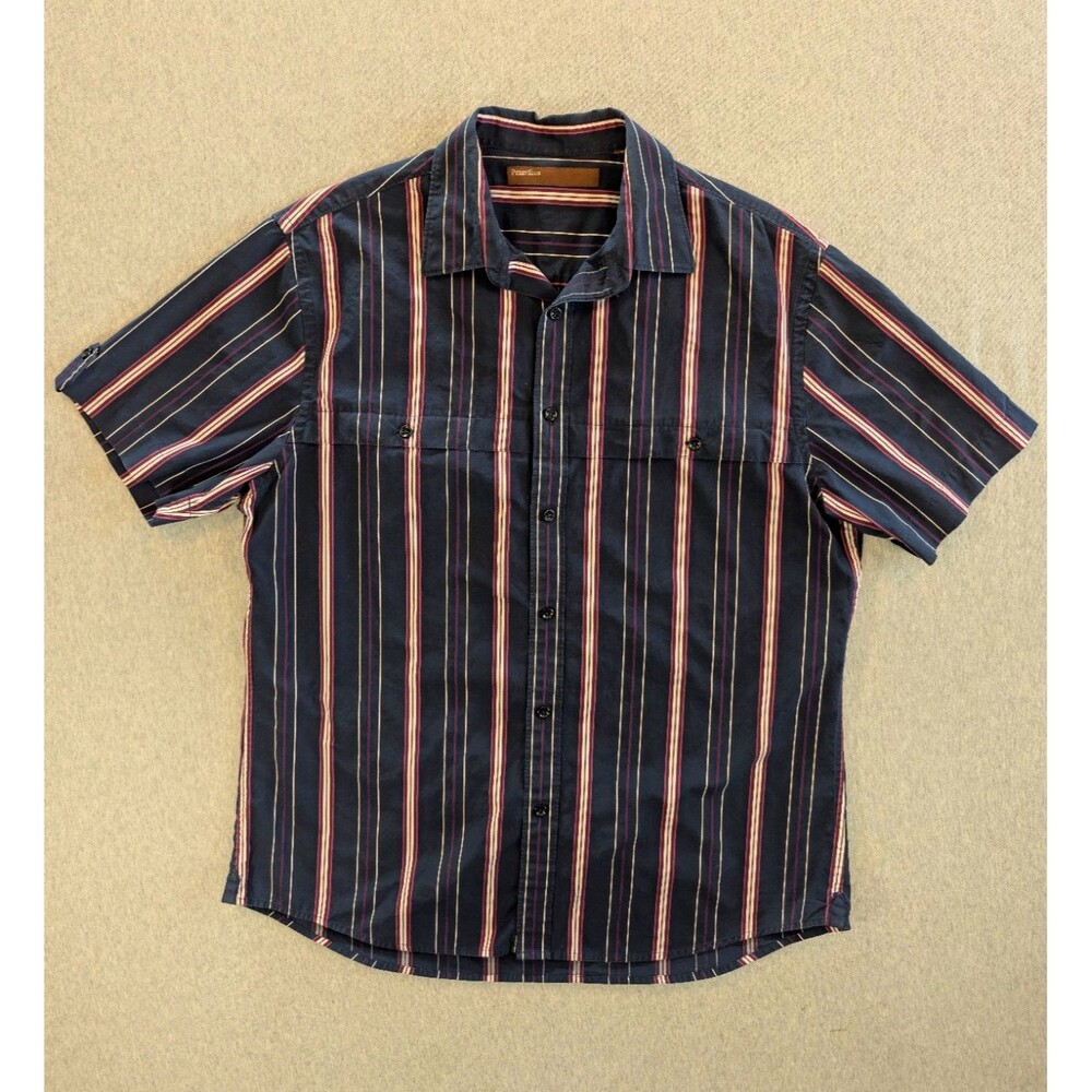 Perry Ellis Men's L Blue Striped Short Sleeve Woven Button-Up Shirt Pockets